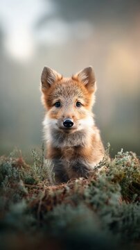 Um filhote de raposa peludo est&aacute; sentado em meio &agrave; vegeta&ccedil;&atilde;o enevoada, olhando diretamente para quem o observa.