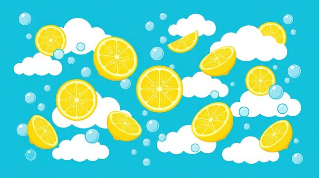 Fresh yellow lemon slices floating in a blue sky with soft white clouds and bubbles pattern design for summer background illustration