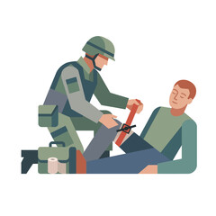 Naklejka premium Military medic giving emergency first aid to wounded soldier in combat zone vector