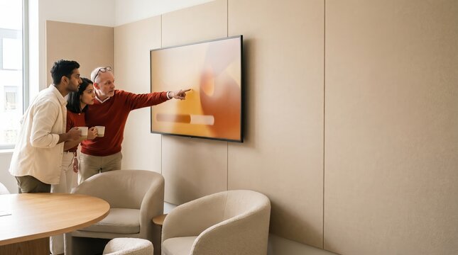 Analyst points at the chart the moment the team's heads turn toward the screen, business data discussion with copy space