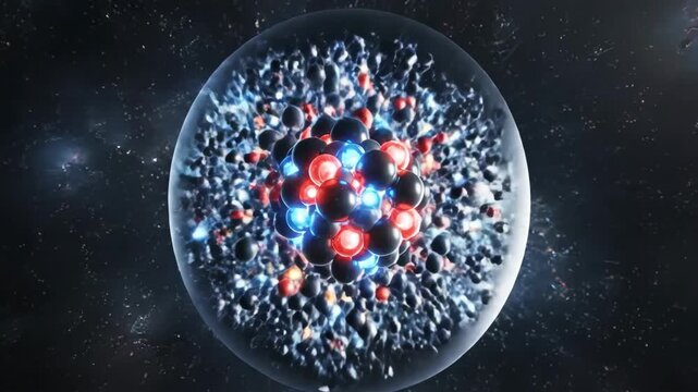 A fast zoom through a molecular lattice structure into a glowing atomic nucleus. The nucleus, composed of red and blue particles, becomes unstable and explodes into a cosmos of particles and light.