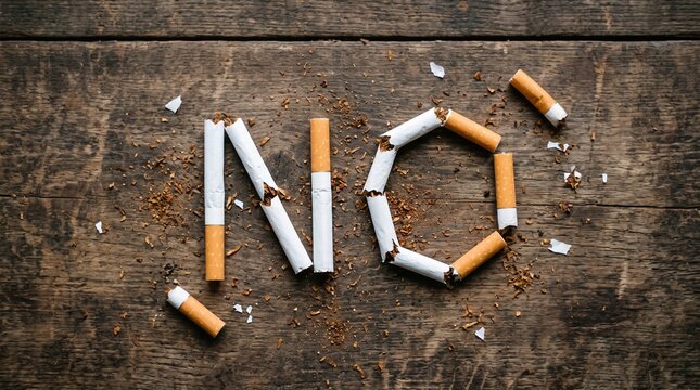 Broken cigarettes forming NO word on rustic wooden background, anti-smoking concept
