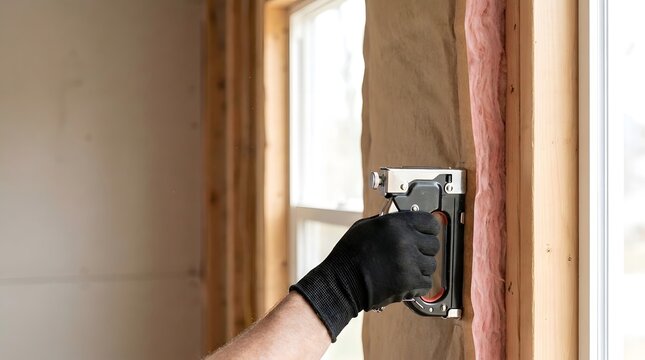 Gloved hand using staple gun to install paper-faced fiberglass insulation in wooden frame wall during home renovation project, focused on energy efficiency and interior construction work.