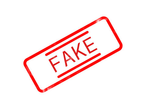 Red rubber stamp with the word fake inside a rectangular frame on a flat surface isolated on transparent background