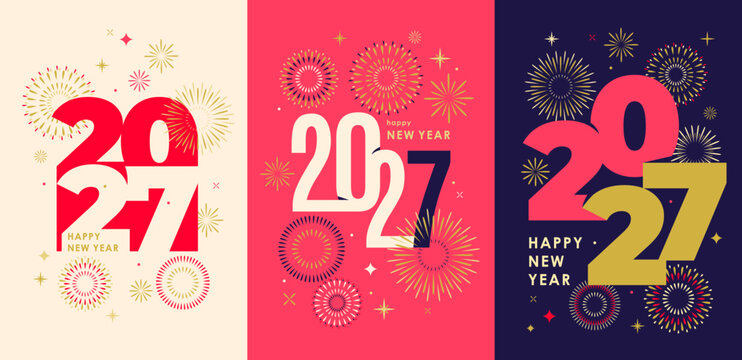 2027 Happy New Year poster set with fireworks and modern typography. Festive vector background templates in red, gold, dark blue for new year celebration, cards, social media banners