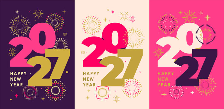 2027 Happy New Year poster and story templates set with bright fireworks and geometric numbers. Festive vector background layouts in pink and gold for new year celebration, cards, social media.
