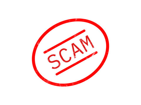 Red rubber stamp with the word scam inside an oval frame for document marking isolated on transparent background