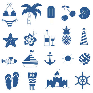 Big set summer elements. Tropical summer vector Icons and hand drawn elements