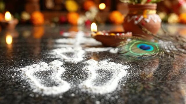 White Krishna Footprints Leading Toward a Traditional Butter Pot in Janmashtami Festive Setting