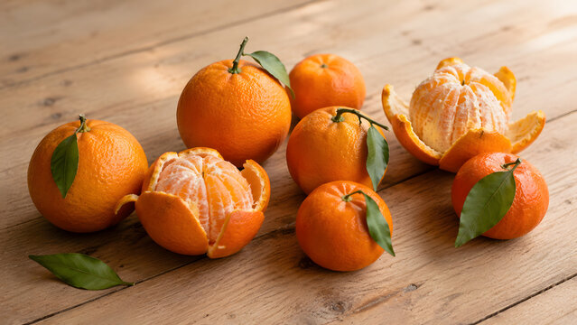 A collection of fresh ripe oranges and peeled mandarins with green leaves on a rustic wooden table