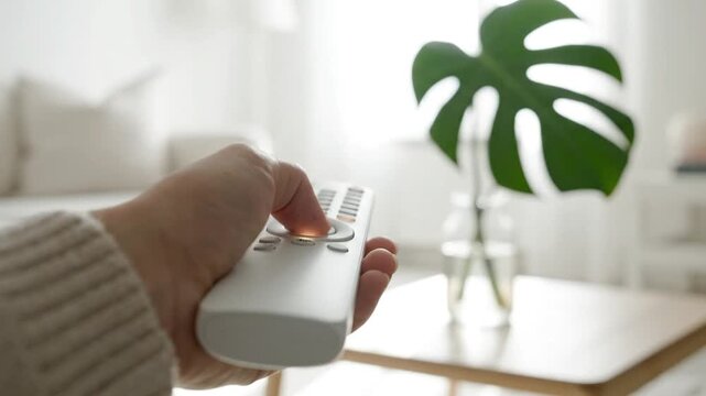 Hand presses remote control button modern living room interior monstera plant