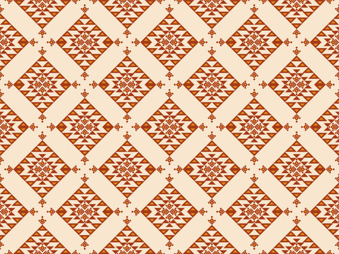 Rust orange earthy geometric diamond seamless pattern traditional aztec navajo tribal kilim ornament vector for bohemian fashion fabric textile print