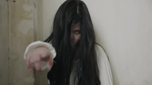 Scary halloween devil ghost with black makeup and psychopath costumes day or night emerges from shadow, long dark hair obscures face, eyes gaze with dead stare, arm extends out to viewers.