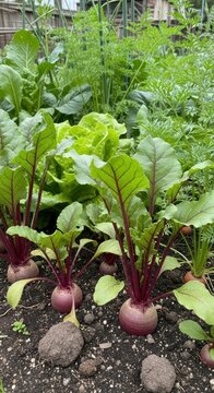 Freshly harvested beets in a lush vegetable garden.