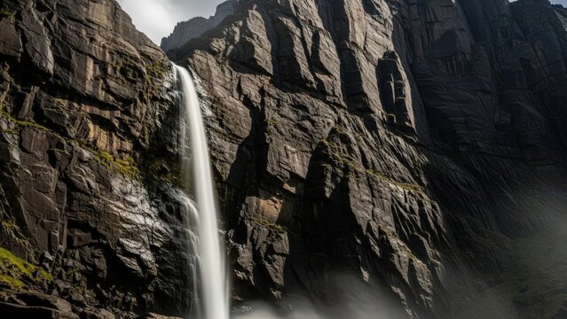 A long exposure shot of a slender waterfall falling from a rocky cliff into a misty pool surrounded by steep dark stone formations