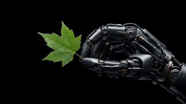 Detailed robotic mechanical hand holding a delicate bright green maple leaf showing sharp industrial metal textures and precision engineering design