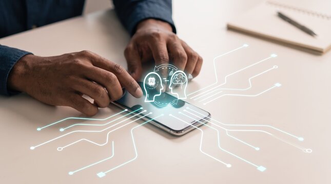 Conceptual image of artificial intelligence and human connection, glowing circuit board lines emerging from smartphone screen connecting two digital head icons