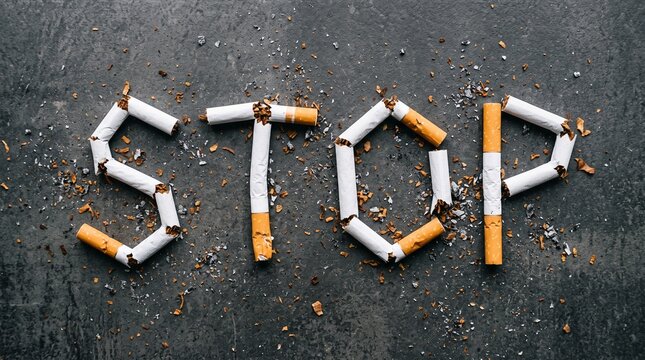 Broken cigarettes forming STOP word on dark background, quit smoking concept
