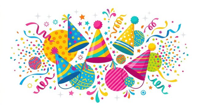 Colorful party hats with confetti and streamers for a birthday celebration