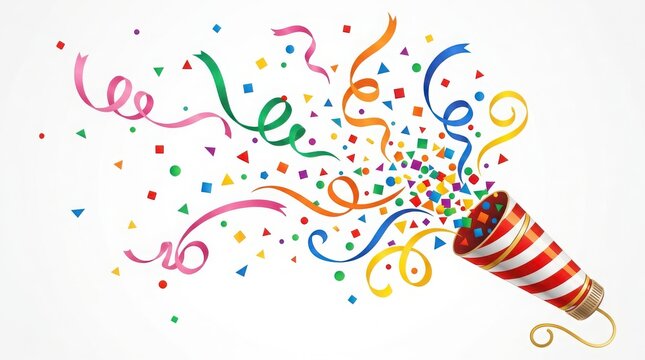 Colorful party popper exploding with confetti and ribbons for celebration