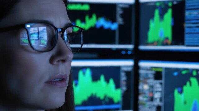 Close-up of a woman analyzing data on multiple computer screens. Professional analyst with glasses looking at financial charts and graphs. Cybersecurity and technology concept