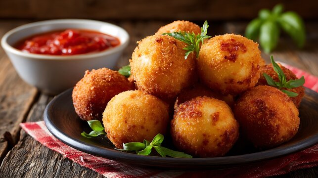 Cheese croquettes are served on a plate with red tomato sauce.