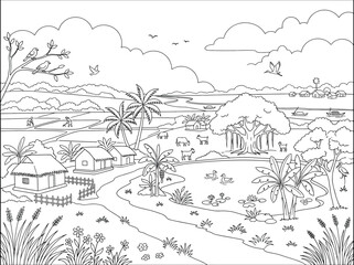 Fototapeta premium Vector illustration of expansive rural village landscape with houses and hills in line art style rolling hills countryside panorama village settlement nature scenery rural area palm trees
