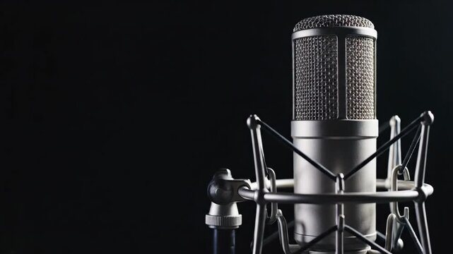 Dolly out of a professional studio condenser microphone in its shock mount against a dark background. The metallic microphone is highlighted by a single studio light for a dramatic look.