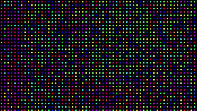 Abstract background loop of small squares in a geometric pixelated mosaic tile pattern. Orange, blue and yellow color scheme on
