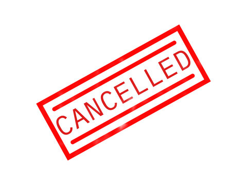 Red ink rubber stamp impression with the word cancelled inside a rectangular frame on a solid black background, for document marking, and validation isolated on a transparent background