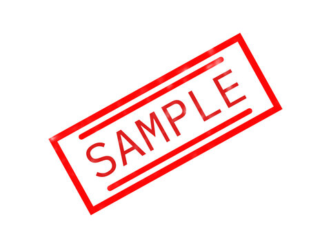Red ink rubber stamp impression with the word sample inside a rectangular frame on a solid black background, for document marking, and verification isolated on a transparent background