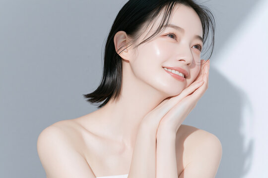 透明感と艶のある美しい肌の女性のビューティーポートレート。モダンなテクスチャー。 