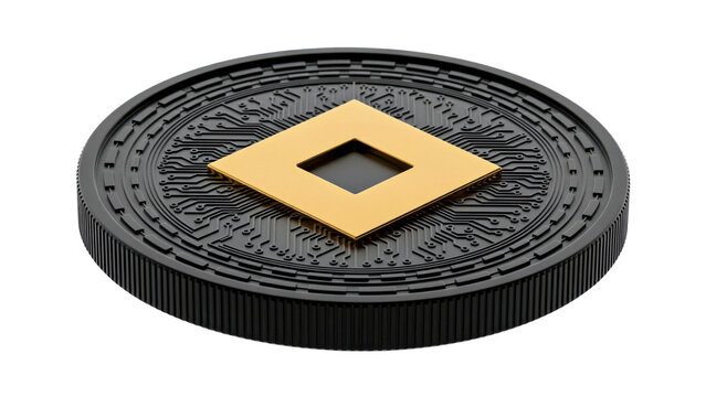 Black and gold cryptocurrency coin with a central square emblem and intricate circuit board pattern isolated on a transparent background