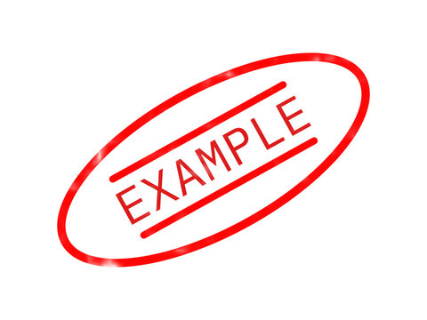 Red rubber stamp seal with the word example inside a bold oval frame isolated on a solid black background, for document marking, and status labels isolated on a transparent background