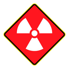 Red diamond radiation warning sign with white nuclear symbol, radioactive hazard safety graphic © New Asia