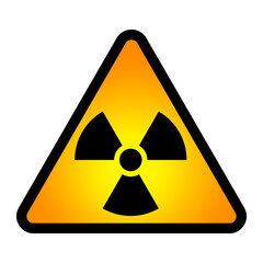 Orange yellow radiation warning triangle with black nuclear symbol, radioactive hazard safety graphic © New Asia