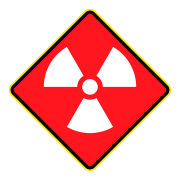 Red diamond radiation warning sign with white nuclear symbol, radioactive hazard safety graphic