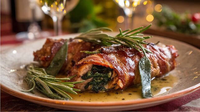 Pork involtini wrapped in prosciutto is served with fresh herbs on a ceramic plate.