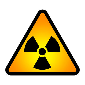 Orange yellow radiation warning triangle with black nuclear symbol, radioactive hazard safety graphic