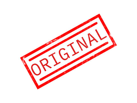 Red rubber stamp with the word original isolated on a black background, diagonal orientation, bold sans-serif typography, industrial style isolated on a transparent background