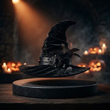 Elegant Black Velvet Witch Hat Levitating Above a Stone Podium in a Spooky Halloween Room Background