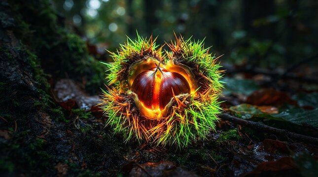 Glistening glowing chestnut burr with sharp spikes and warm light inside on forest floor moss.