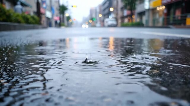 Ultra low-angle shot of raindrops creating splashing crowns and concentric ripples in a puddle on an asphalt city street. The background shows soft bokeh from car and streetlights on a rainy day.