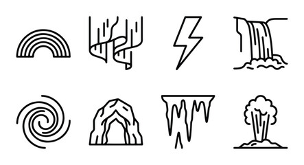 Obraz premium Nature Elements Icons: Rainbow, Aurora, Lightning, Waterfall, Tornado, Cave, Icicles, Explosion