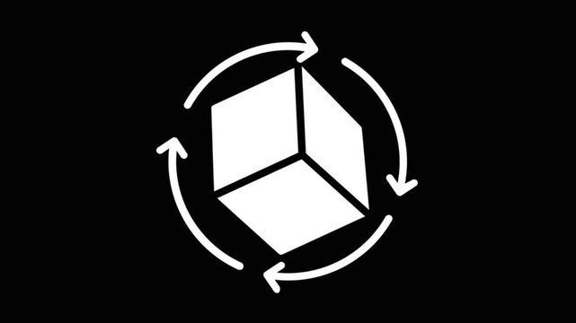 White glowing 3D cube rotating with circular directional arrows animation