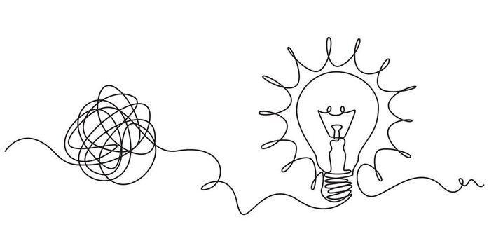 Animated self drawing of  unraveling to glowing light bulb animation continuous one line drawing, Animated One continuous line drawing of tangled and scribble wires with ,Animated, motion, video, pro