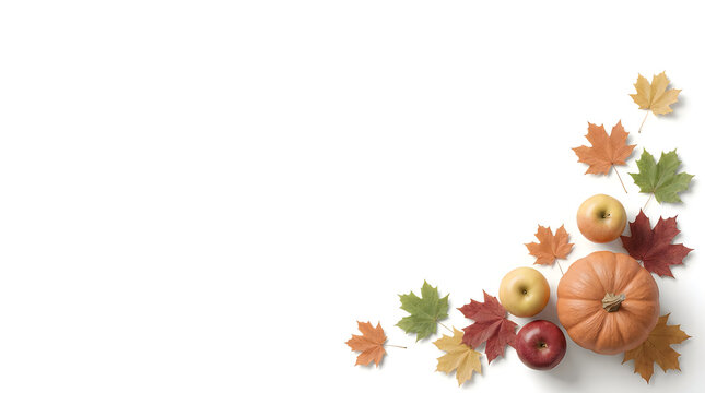 Autumn harvest arrangement with pumpkin and colorful maple leaves on a clean white background for seasonal design