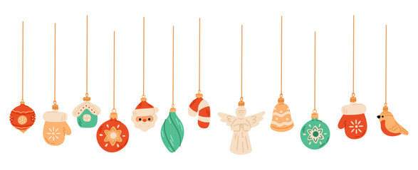 Fototapeta premium Colorful Christmas and tree decorations hanging on golden threads. Festive balls. New Year figurines. Holiday garland. Mittens and cute Santa. Winter celebration decor. Vector Xmas set