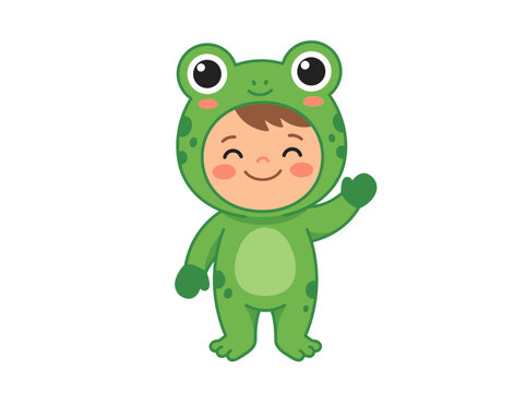 Cute cartoon child dressed in a green frog costume, smiling and waving cheerfully on a white background.
