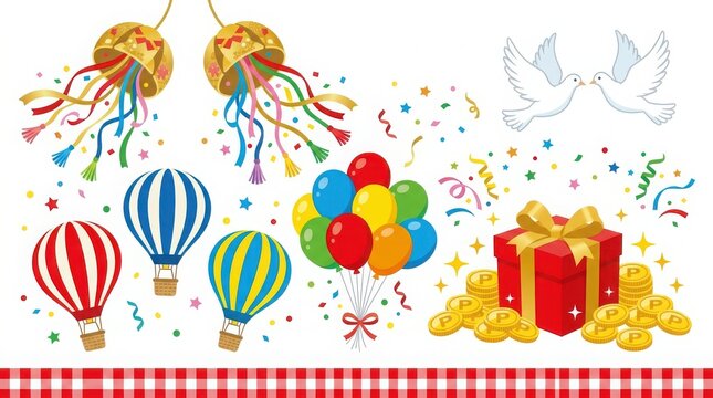 Set of colorful party elements with hot air balloons gift box gold coins confetti and peace doves for celebration design